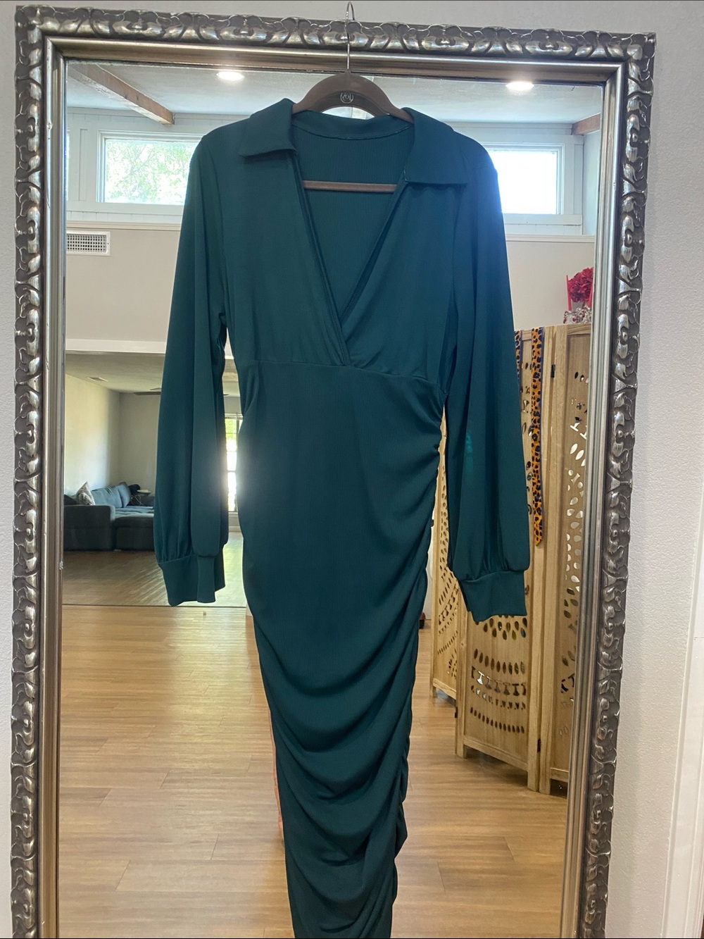 Long-Sleeve Teal Ruched Dress
